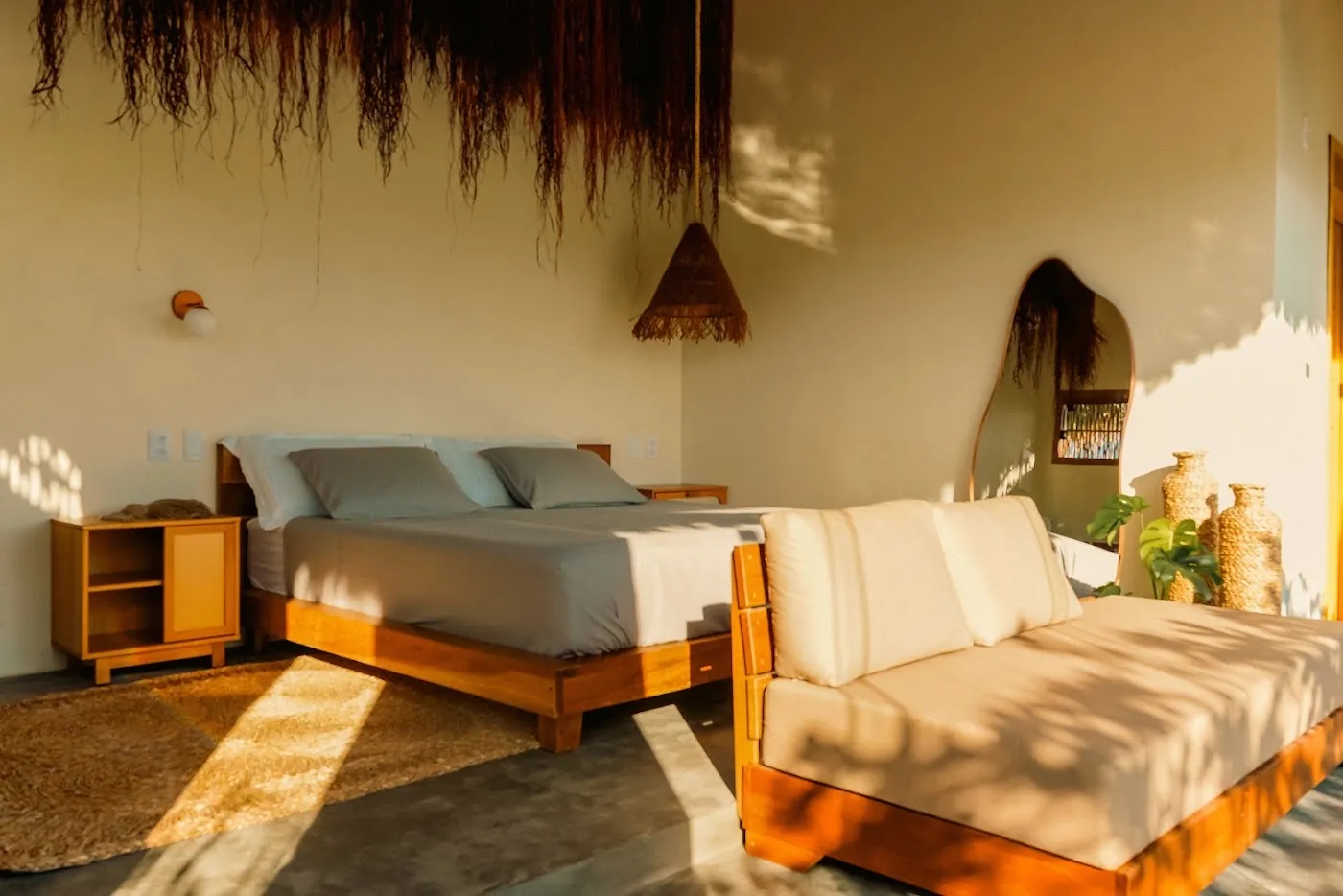Private Chalet: bedroom and living room at dusk